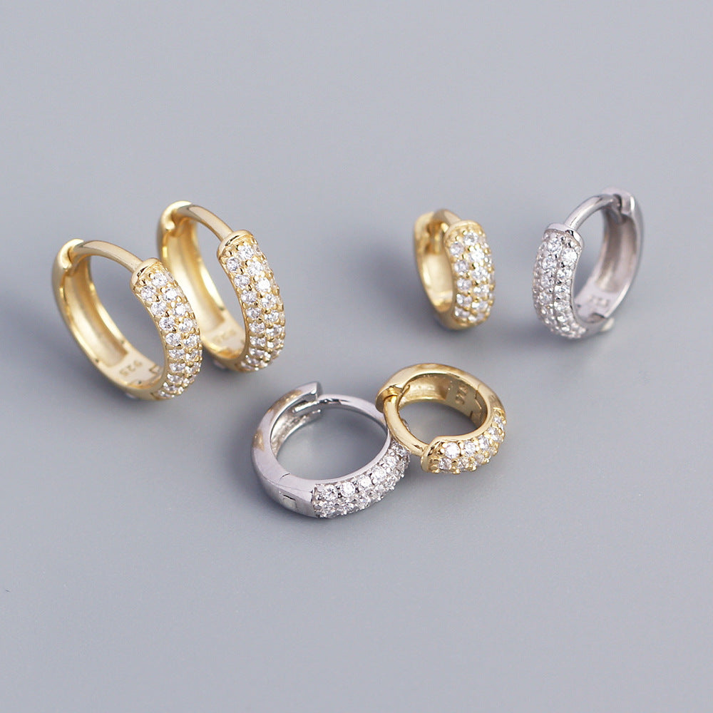 Minimalist Geometric S925 Sterling Silver Huggie Hoop Earrings with Triple Row Rhinestone Inlay