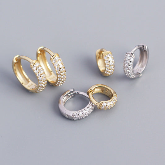 Pendientes de aro minimalistas geométricos de plata de ley S925 con triple fila de diamantes de imitación incrustados