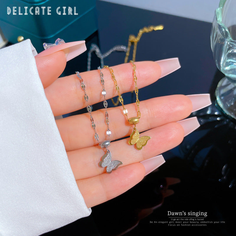 Minimalist Luxury Butterfly Geometric Titanium Steel Collar Chain Women's Floral Pendant Necklace