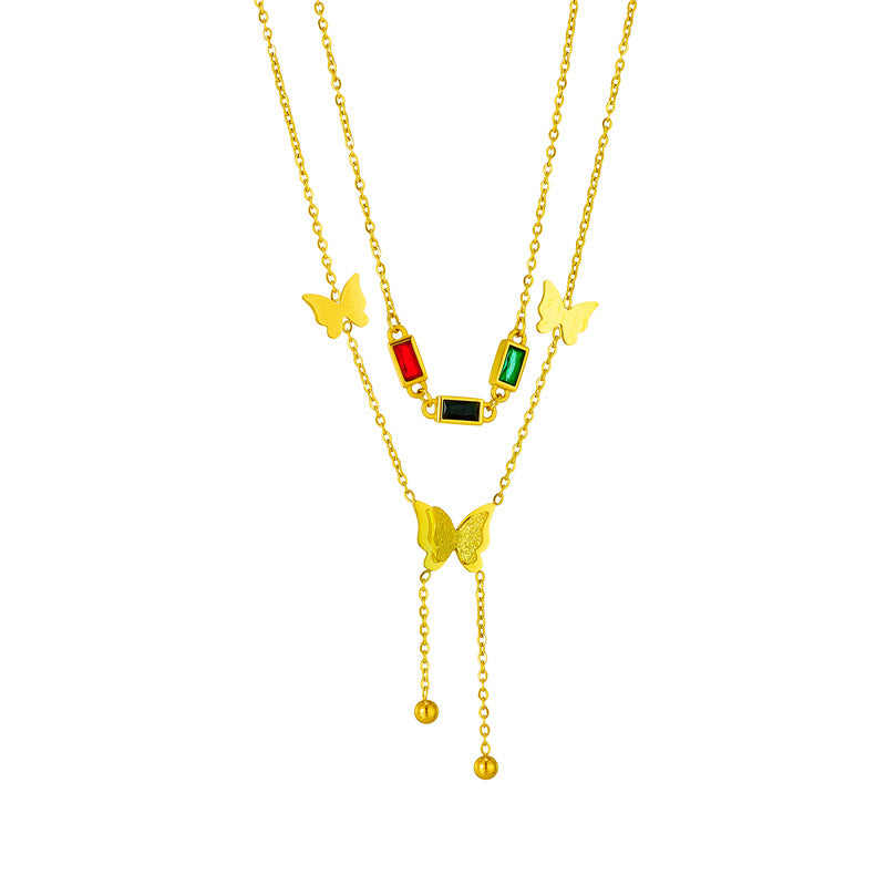 Fashionable Two-Tier Butterfly Pendant Necklace with Satin-Matte and Polished Finish in Titanium Steel with Fringe Detail for Women