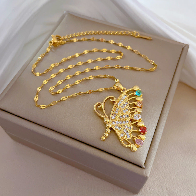 Luxury Butterfly-Shaped Rhinestone-Encrusted Titanium Steel Necklace for Women - Delicate Clavicle Chain for Wedding, Party, and Formal Occasions