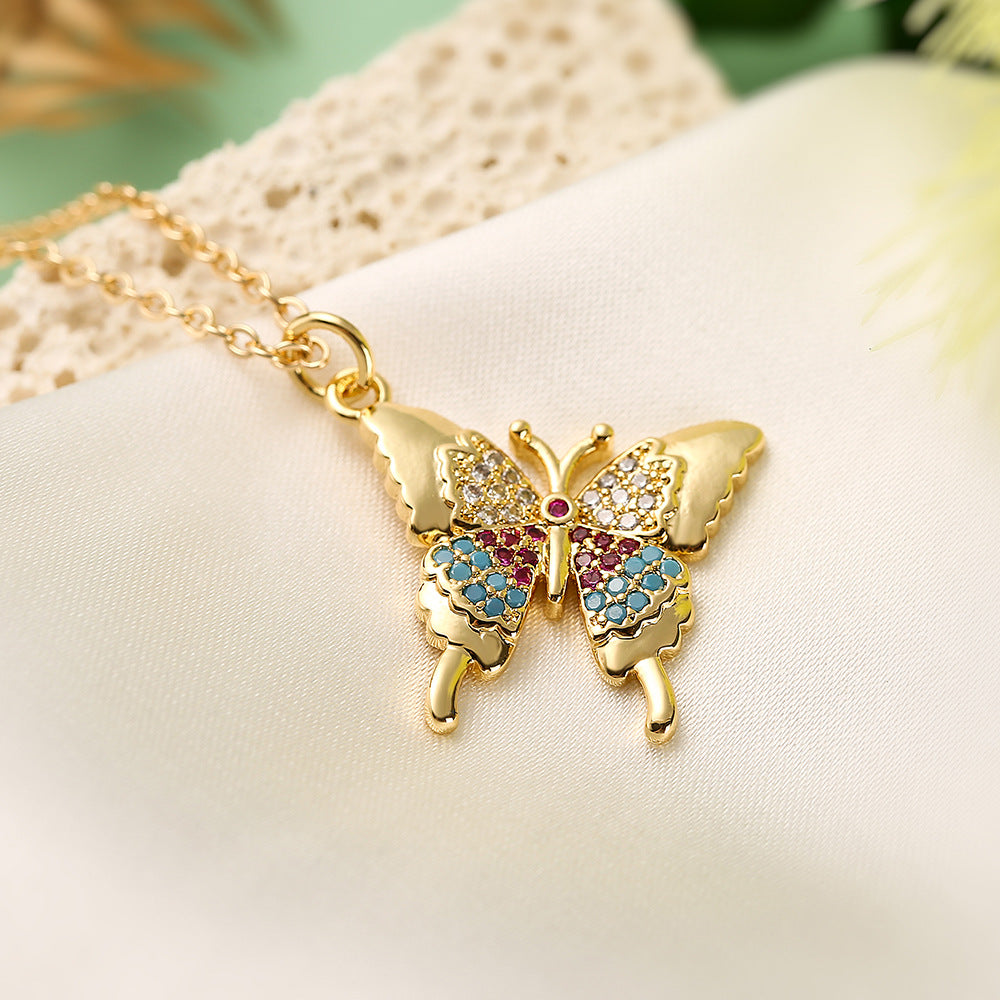 Collana Pendente a Farfalla Minimalista da Donna in Rame con Placcatura in Oro e Intarsio di Zirconi