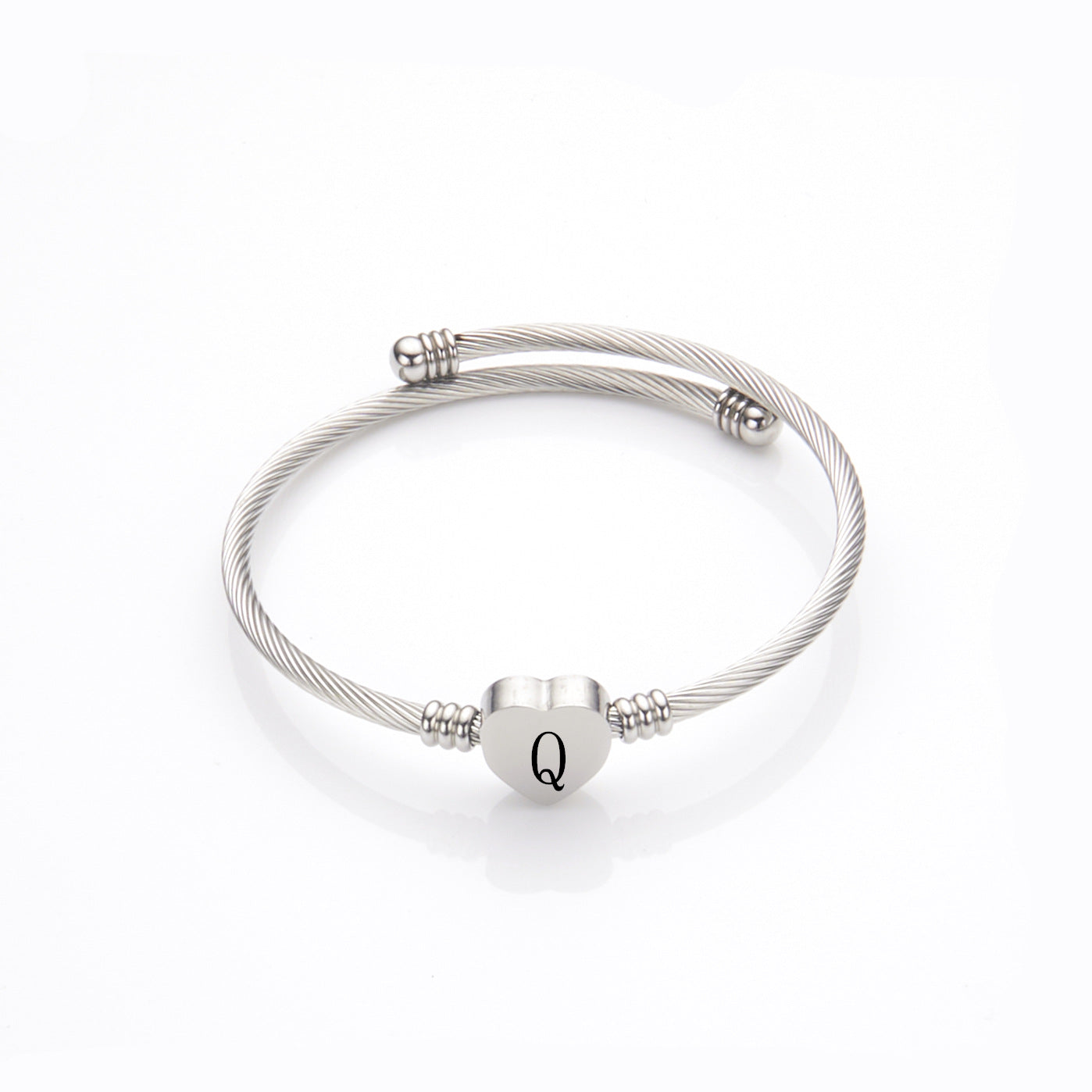 Pulsera ajustable abierta con alambre de acero inoxidable y letra o corazón con acabado pulido