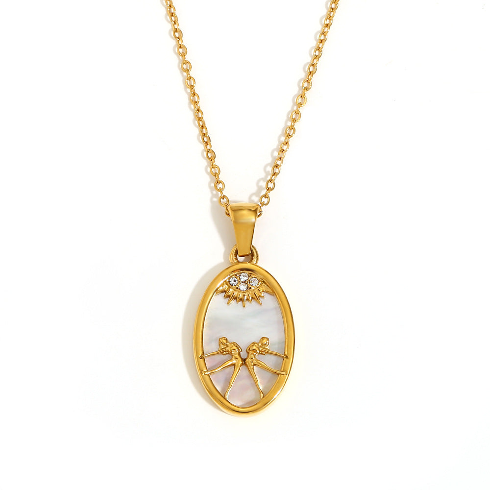 Geometric Zodiac Pendant Necklace for Women Stainless Steel with 18K Gold Plating and Rhinestone Accents