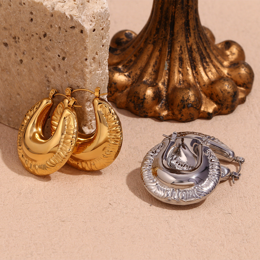 Fashionable Geometric Stainless Steel Hollow Hoop Earrings with 18K Gold Plating for Women