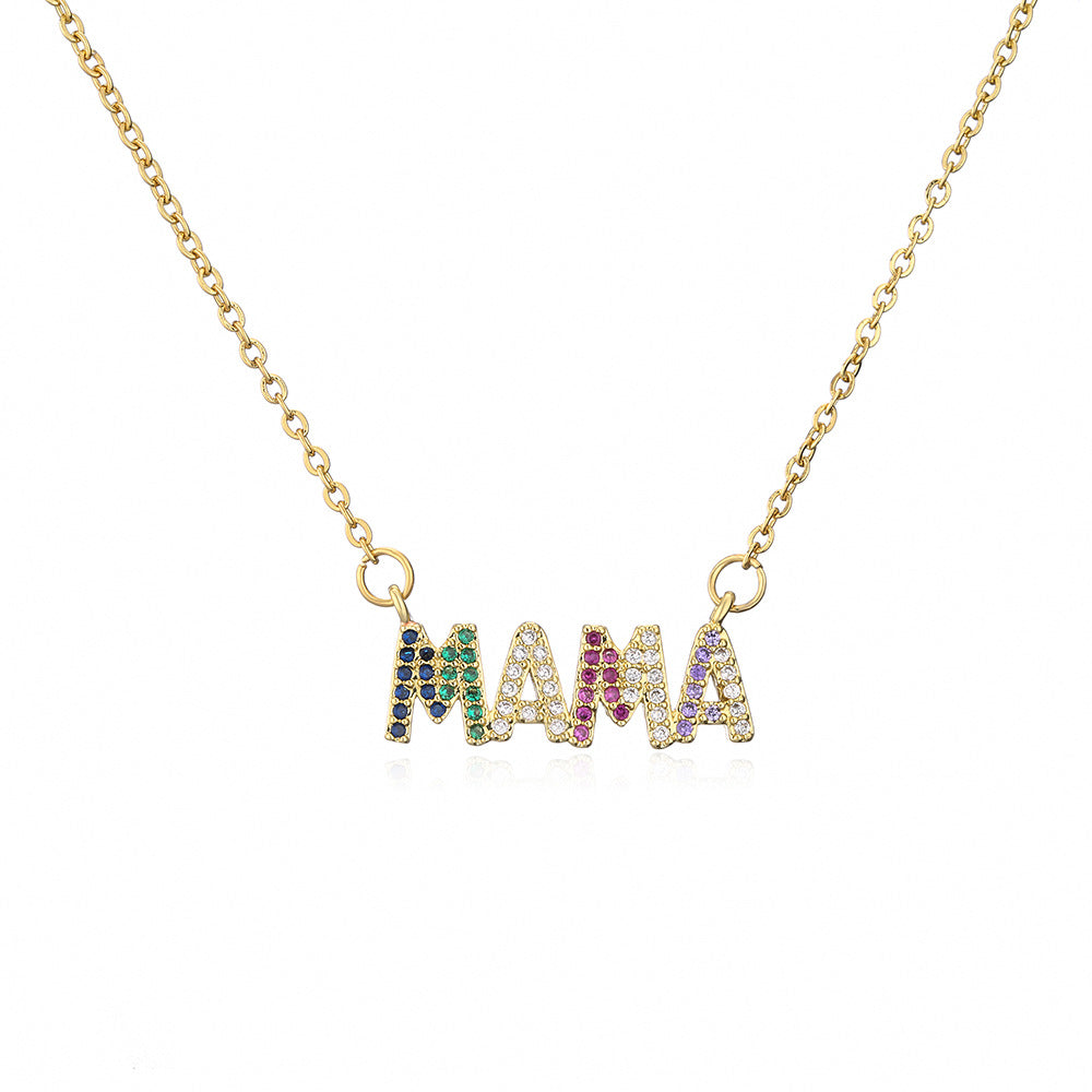 European Style Geometric MAMA Pendant Necklace 18K Gold Plated Copper with Cubic Zirconia for Women
