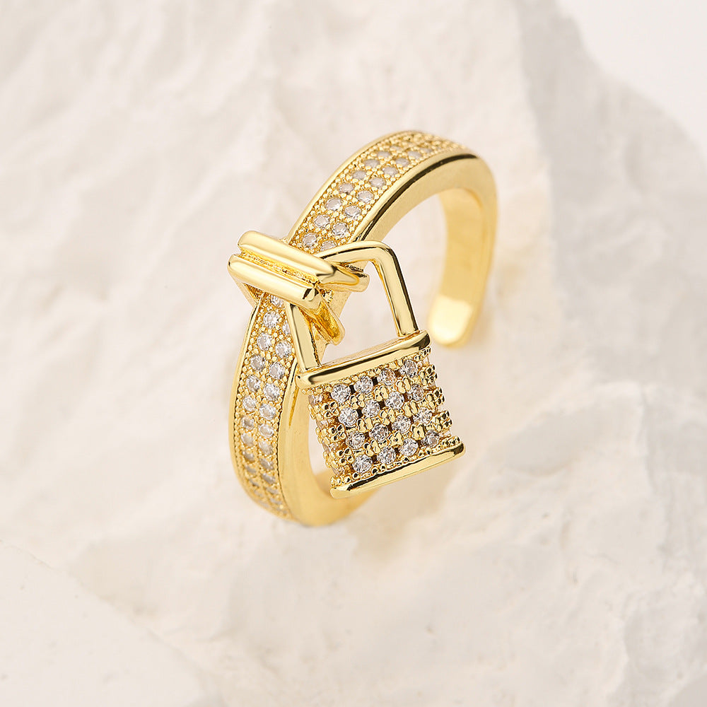 Anello geometrico in rame a forma di cuore con micro-pavé di zirconi per donna, fascia alla moda e unica