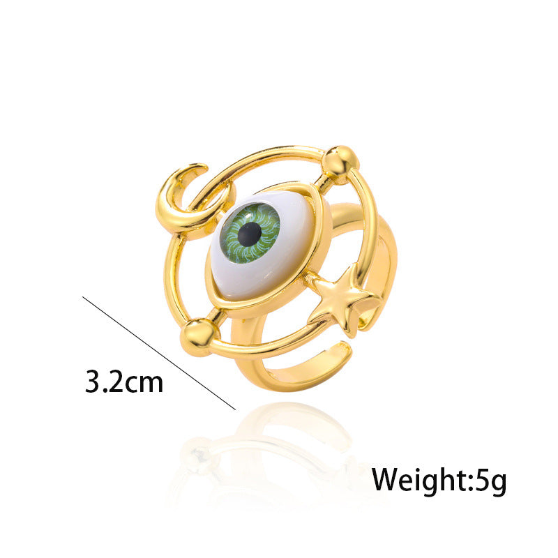 Gold Plated Brass Geometric Star Moon Micro-Inlay Ring