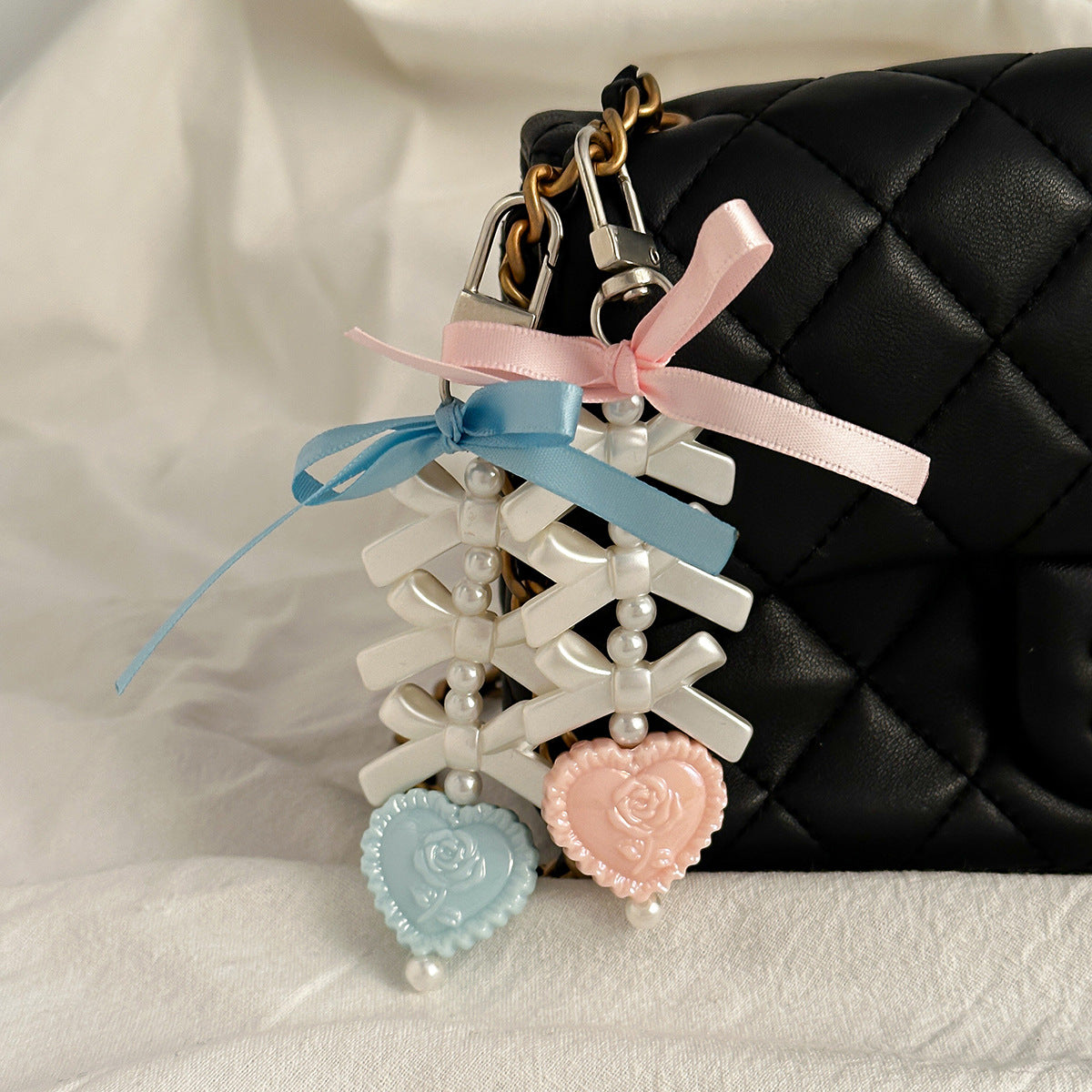 Sweet Heart Bow Pearl Alloy Keychain Charm