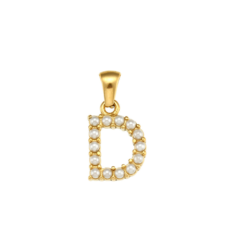 Minimalist Letter Pendant Necklace Stainless Steel with 18K Gold Plating Micro-Pave Zirconia and Pearl Accents