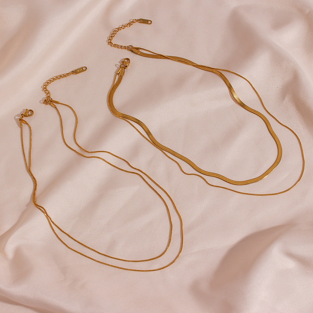 Minimalist Geometric Stainless Steel Plated 18K Gold Double Layer Thin Cord Necklace for Women
