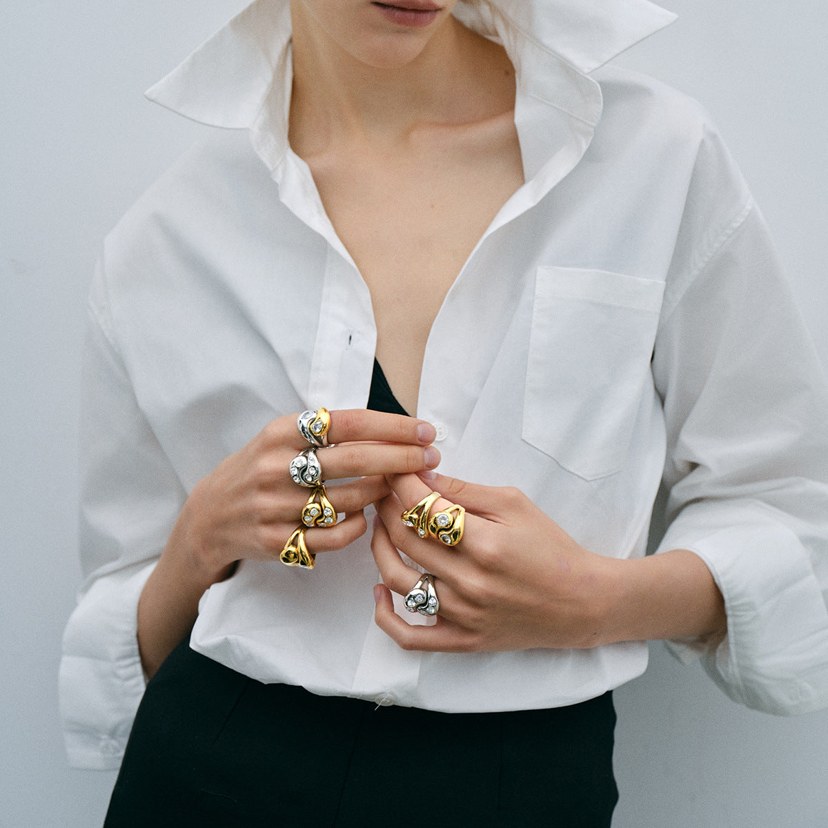 Trendy 18K Gold Plated Titanium Steel Irregular Water Drop Ring with White Zircon for Unisex