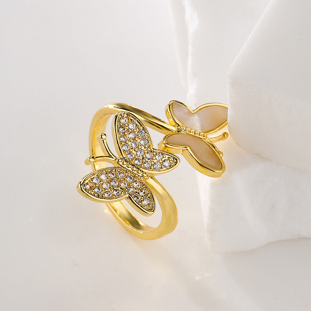 Butterfly-Shaped Geometric Open Ring for Women in Copper with 18K Gold Plating and Zircon Inlay