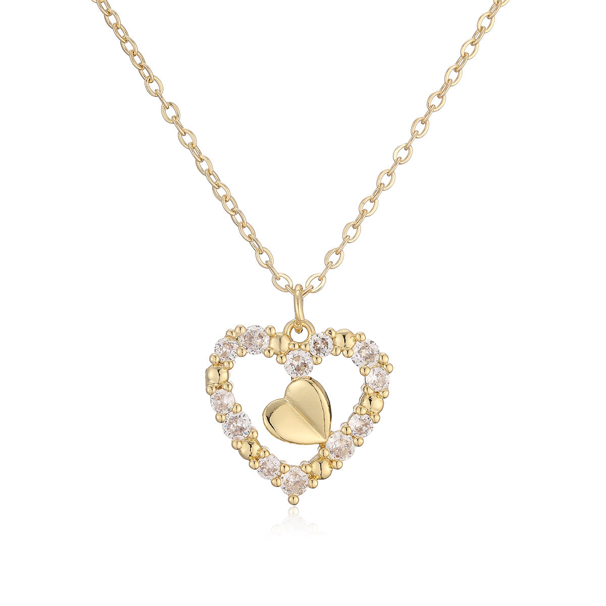 Minimalist Elegant 18K Gold Plated Brass Heart Cubic Zirconia Pendant Necklace for Women