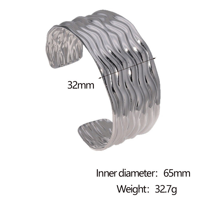 Minimalist 18K Gold Plated Stainless Steel Wavy Surface Open Cuff Bracelet