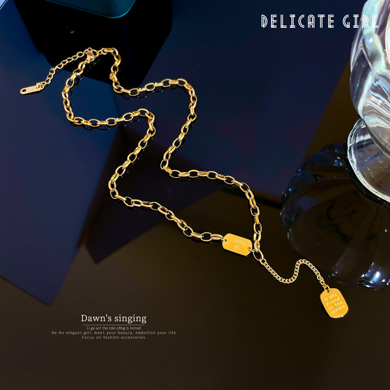 Geometric Pendant Necklace for Women with Titanium Steel Chain and Gold Plating, Minimalist Cold-Tone Choker with Tassel Detail