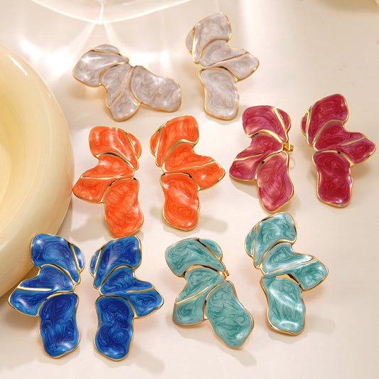 Elegantes Pendientes Florales de Acero Inoxidable con Goteo de Aceite