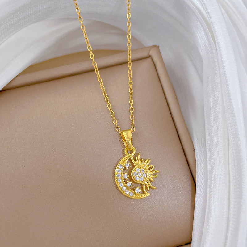 Sweet Minimalist Moon Star Geometric Rhinestone Titanium Steel Necklace for Unisex