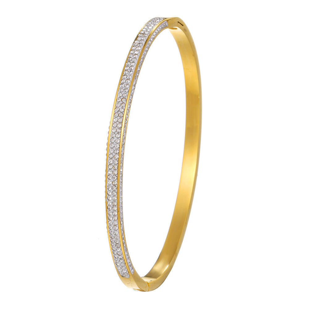 Geometric Round Rhinestone Inlaid Plated Titanium Steel Bracelet for Women and Men