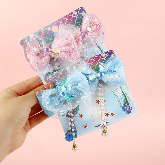 Sweet Bow-Shaped Hair Clip for Children with Pearl and Tassel Accents in Fabric Material, Mermaid Princess Style