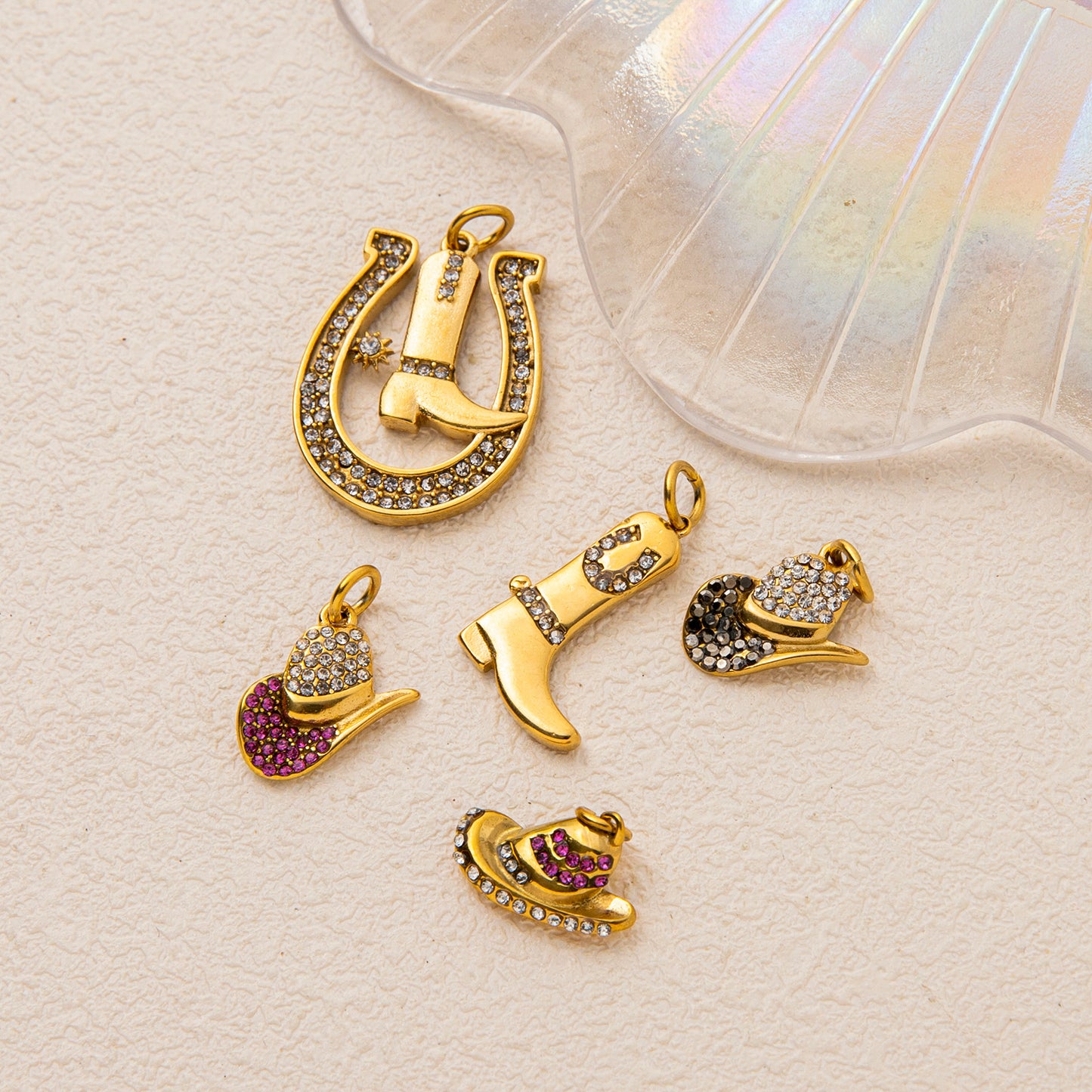 Hip-hop Stainless Steel 18K Gold Plated PVD Cowboy Hat Boot Horseshoe DIY Charm Bar