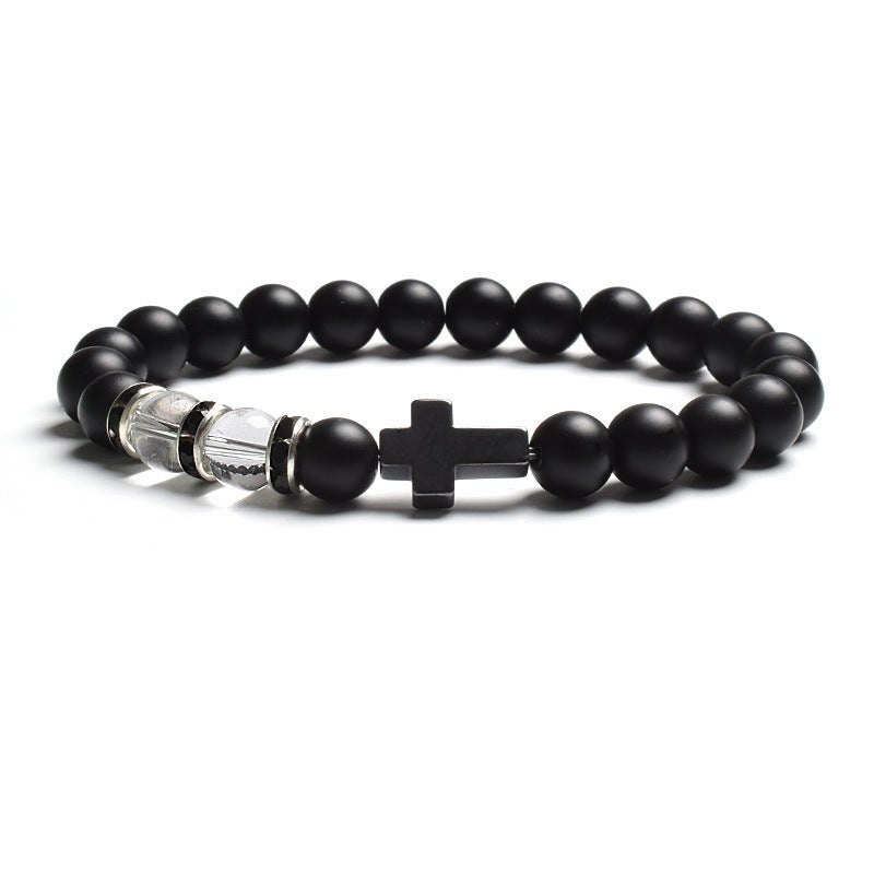 Vintage Cross Matte Stone Tiger's Eye Beaded Stretch Bracelet Unisex Geometric Handmade Jewelry