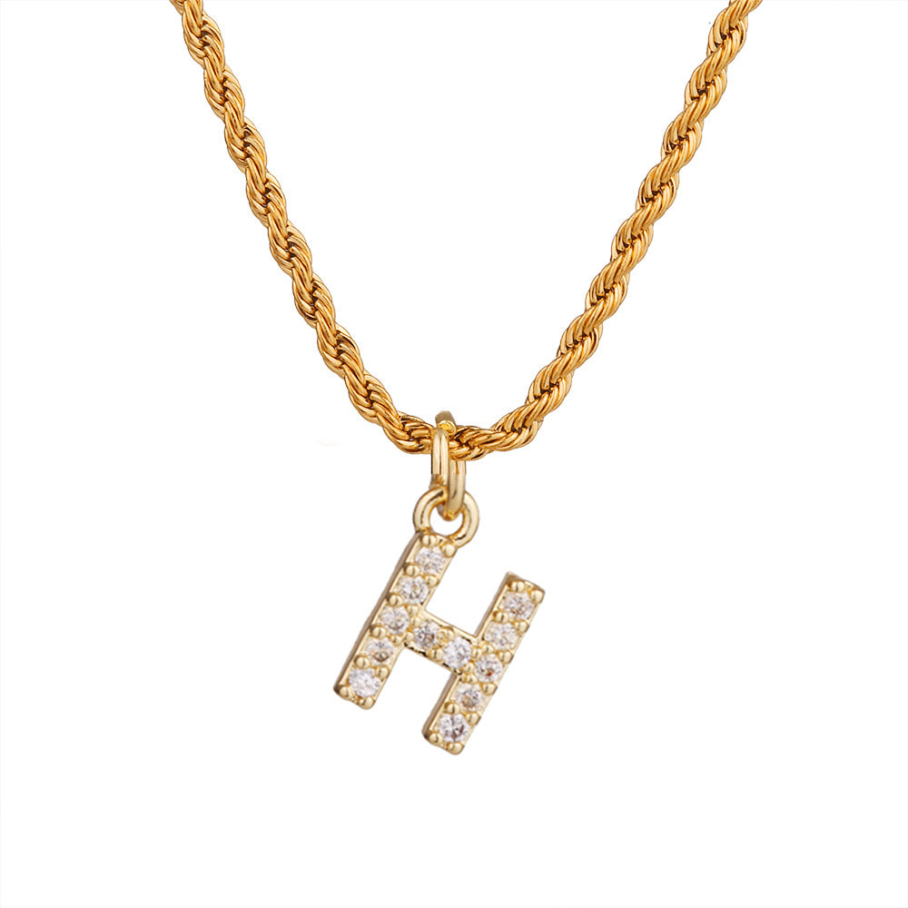 Collar con colgante de letra para mujer, minimalista, de moda, cadena trenzada de acero inoxidable con baño de oro e incrustaciones de circonita