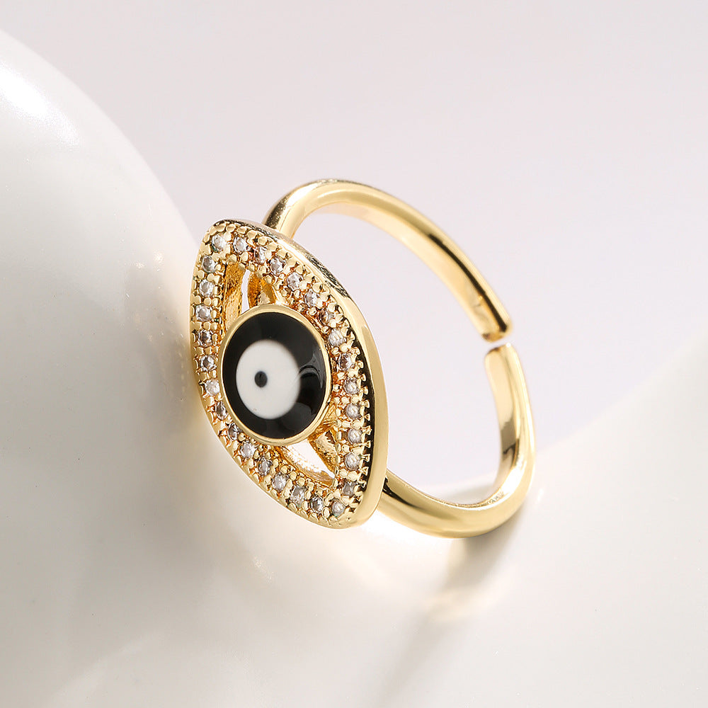 Fashion Geometric Open Ring for Women with Enamel Finish and Zircon Inlay in Copper Plated with Real Gold
