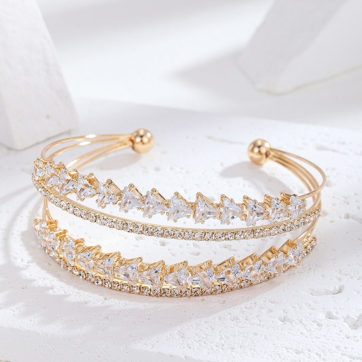 Minimalist Geometric Open Adjustable Bracelet for Women Made of Brass with Zircon Inlay
