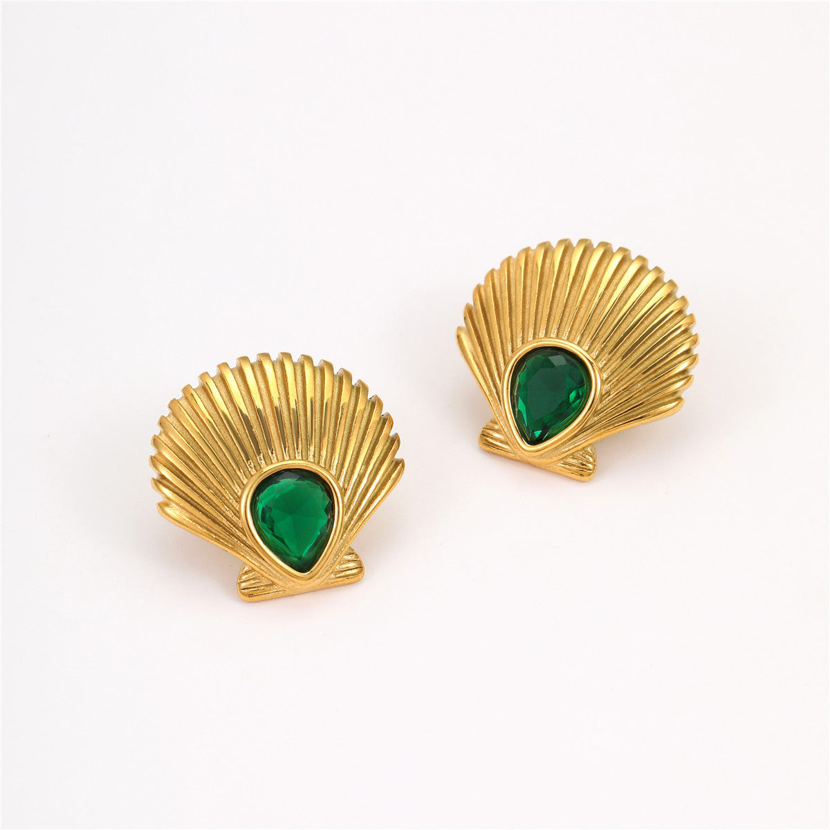 Pendientes de acero inoxidable geométricos de moda para OL con incrustaciones de piedra natural verde y acabado chapado