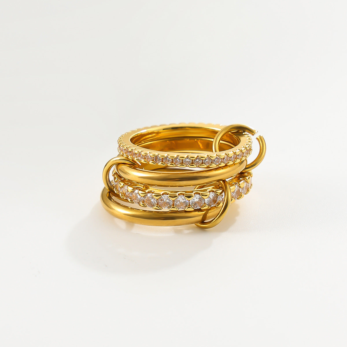 18K Gold Plated Stainless Steel Geometric Ring with Cubic Zirconia Inlay for Women