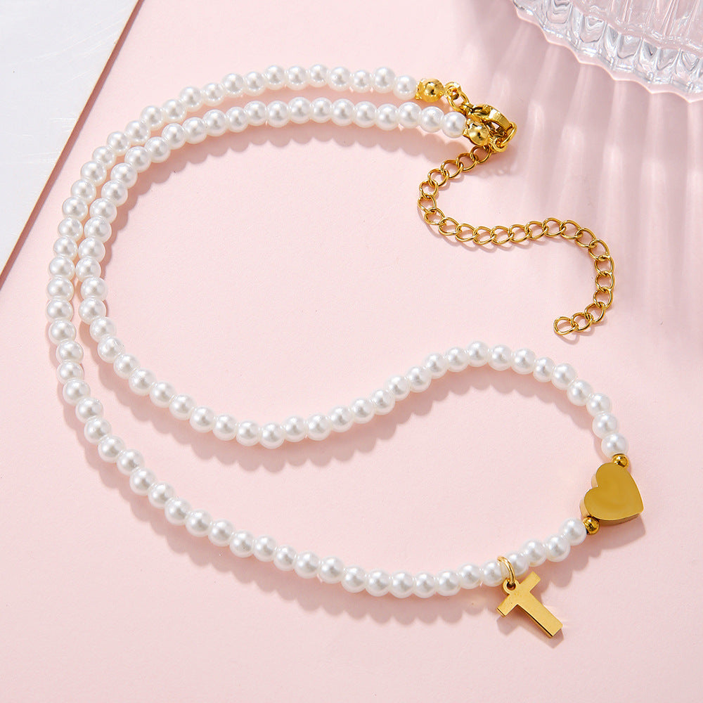 Minimalist Letter Heart Stainless Steel Pearl Necklace Women Cable Chain