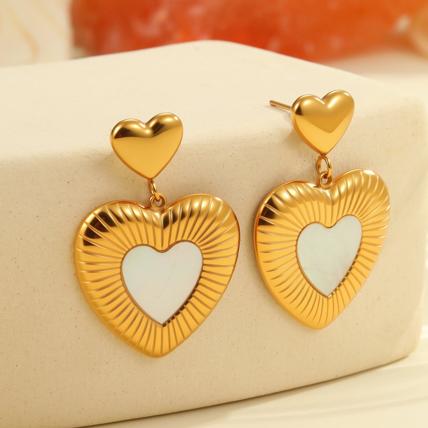 Minimalist Heart-Shaped Stainless Steel Earrings with White Mother-of-Pearl Inlay, Plated Finish, Elegant Women's Luxury Ear Jewelry