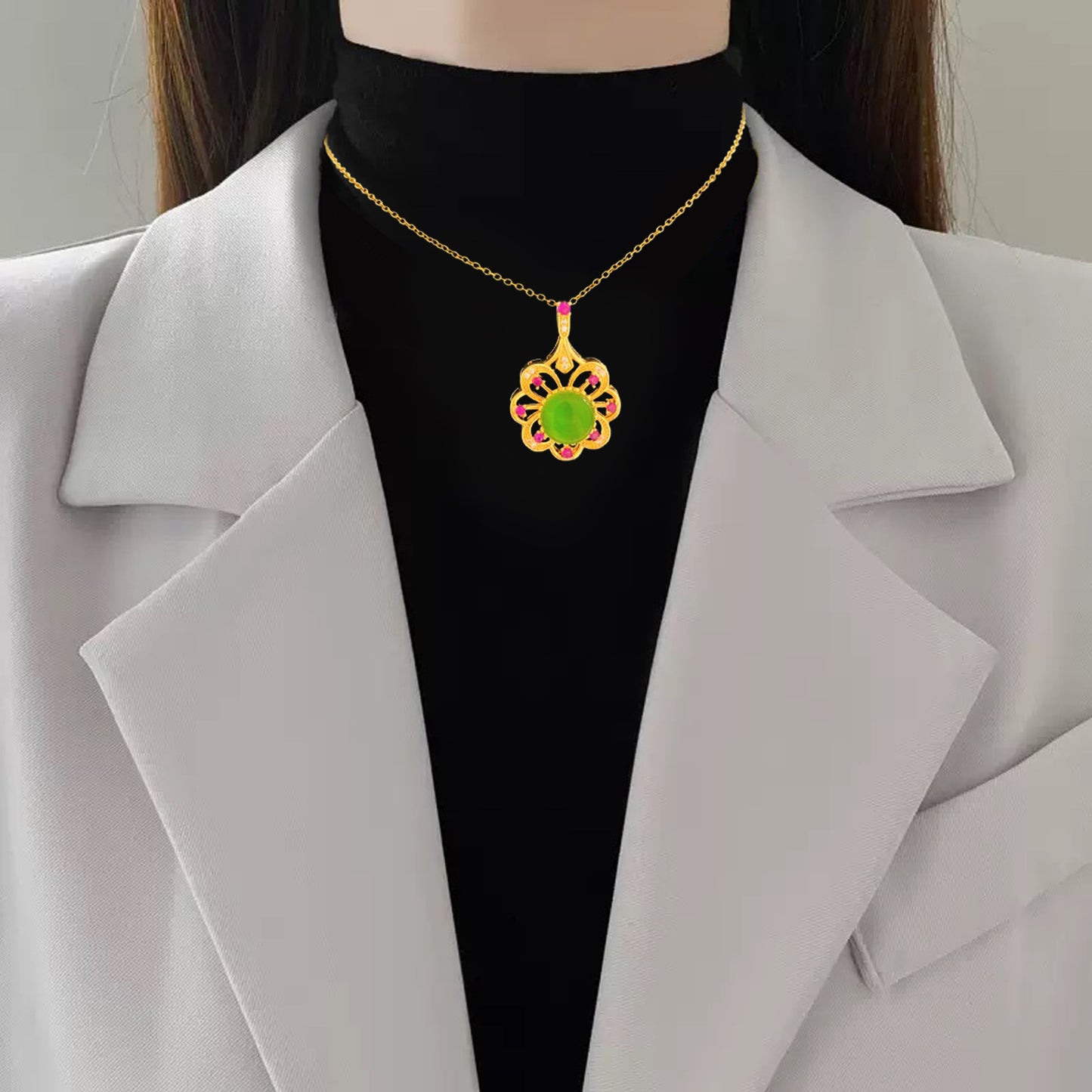 Sporty Sweet Rotatable Cat Eye Floral Heart Titanium Steel Necklace with Gold Plated Brass Pendant on Cable Chain