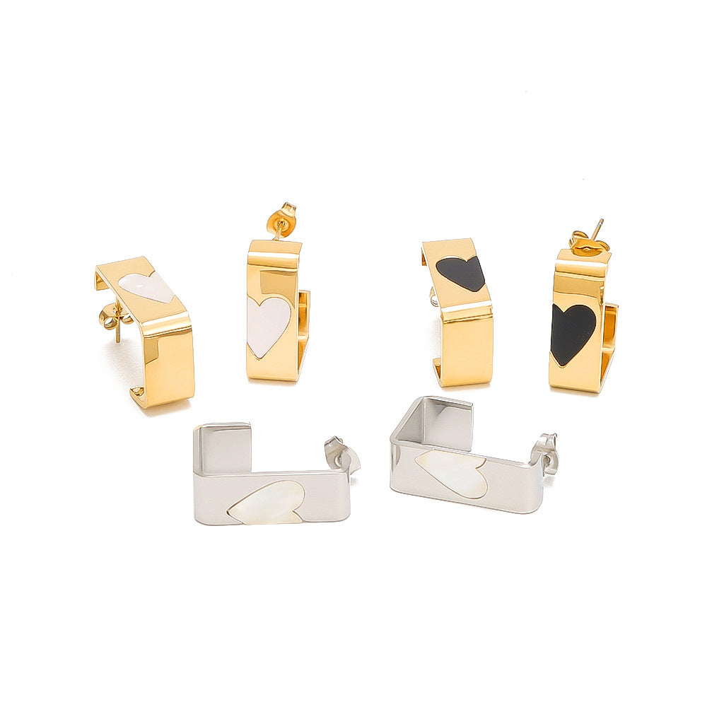 Minimalist Rectangular Stainless Steel Earrings with 18K Gold Plating and Mother-of-Pearl Inlay Heart Accent