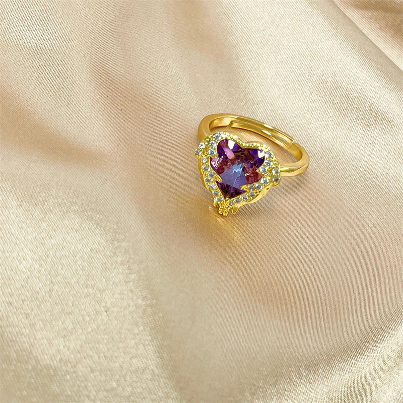 Anello Minimalista a Cuore in Rame Placcato Oro 18K con Intarsio Completo di Strass per Donna
