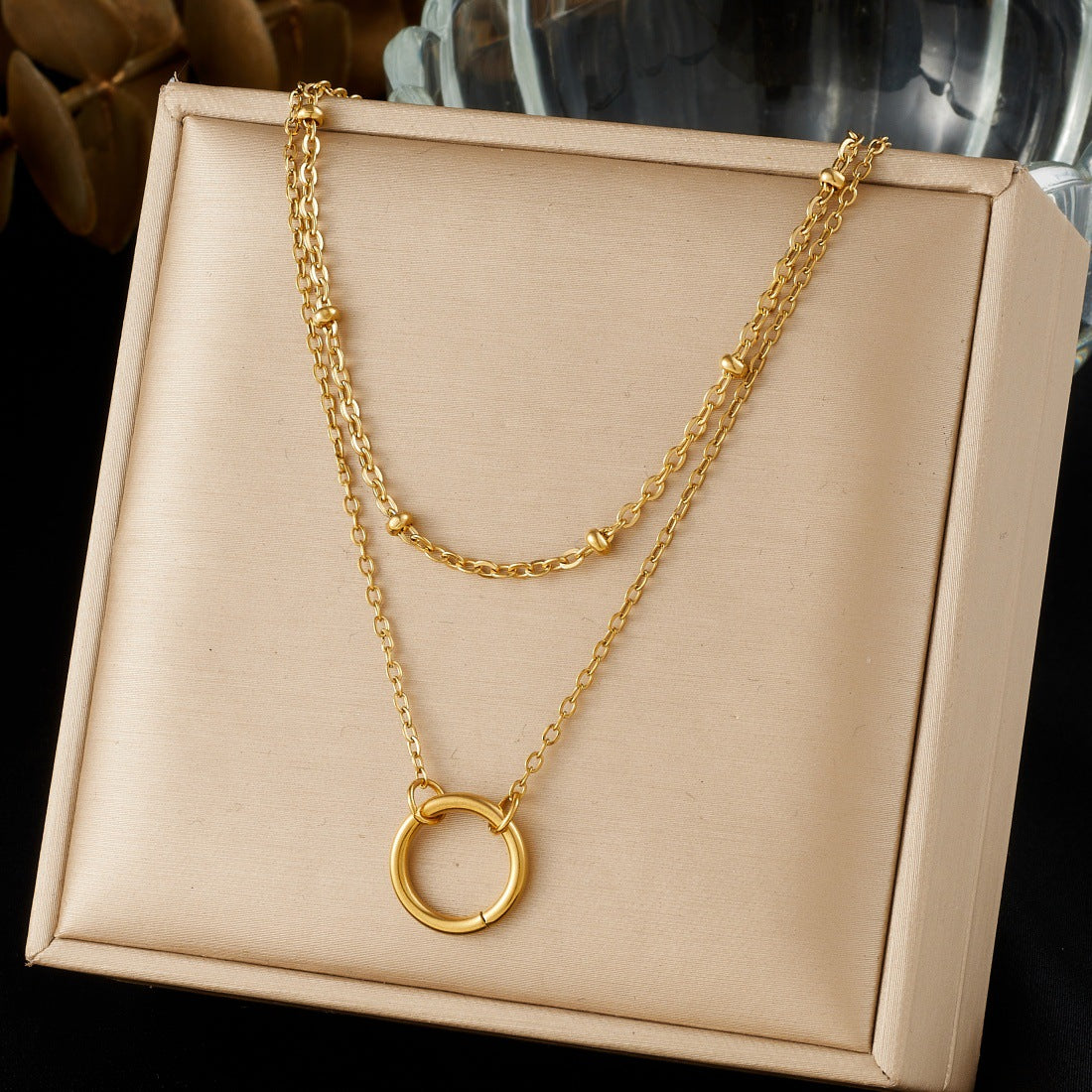 Minimalist Gold Plated Round Geometric Stainless Steel Layered Ball Chain Necklace for Women
