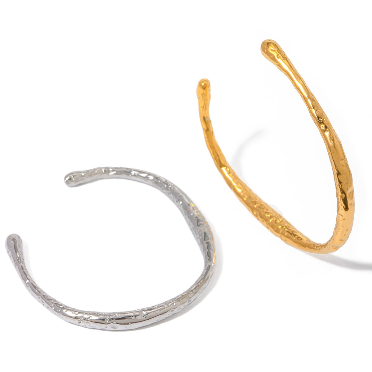 Minimalist 18K Gold Plated Geometric Hammered Stainless Steel Open Cuff Bracelet