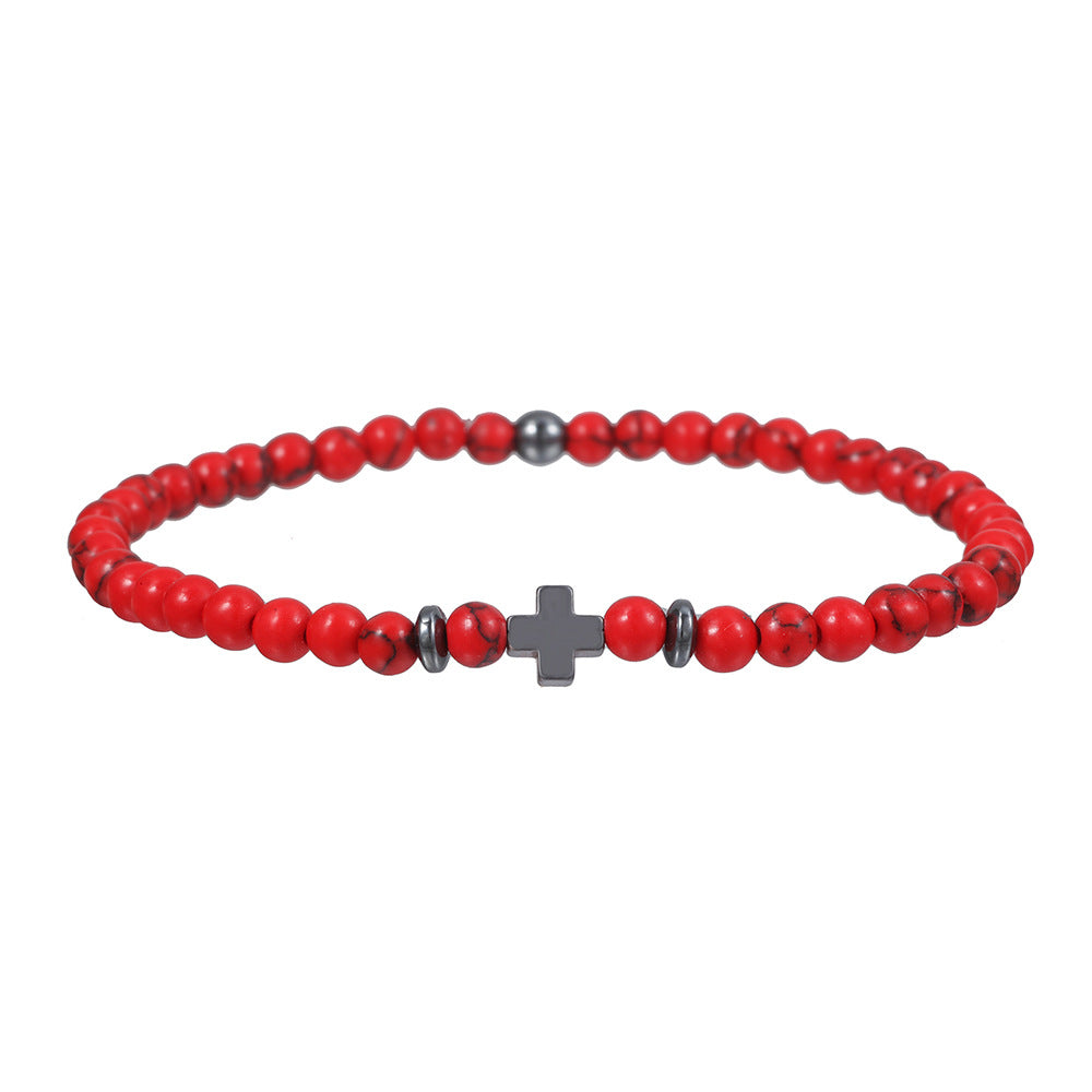 Men's Matte Hematite Cross Bracelet with Volcanic Stone and Turquoise Beads Unisex Geometric Jewelry