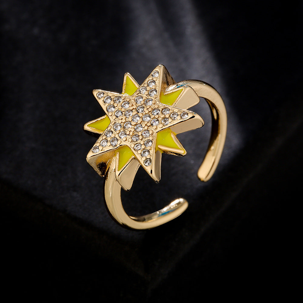 Cartoon Style Geometric Open Star Ring for Women in Copper with 18K Gold Plating and Cubic Zirconia Inlay