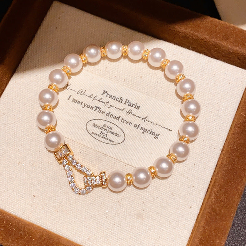 Vintage Luxury Geometric Cubic Zirconia Inlaid Pearl Bracelet for Women