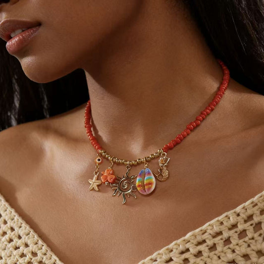 Bohemian Handmade Geometric Sun and Seashell Glass Bead Necklace with Red Coral Alloy Pendants for Women