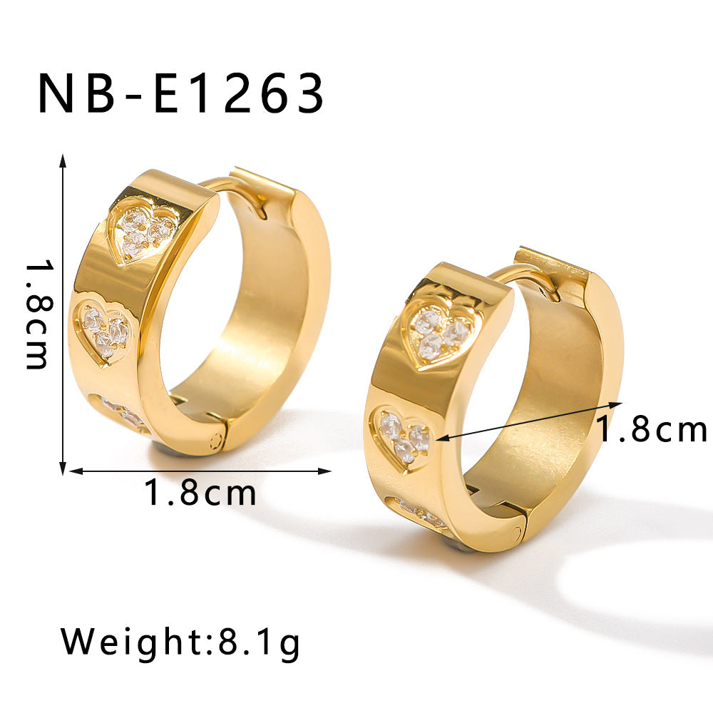 Minimalist Ins Style Stainless Steel Hoop Earrings with 18K Titanium Plating and Round Zirconia Heart-Shaped Ear Cuffs