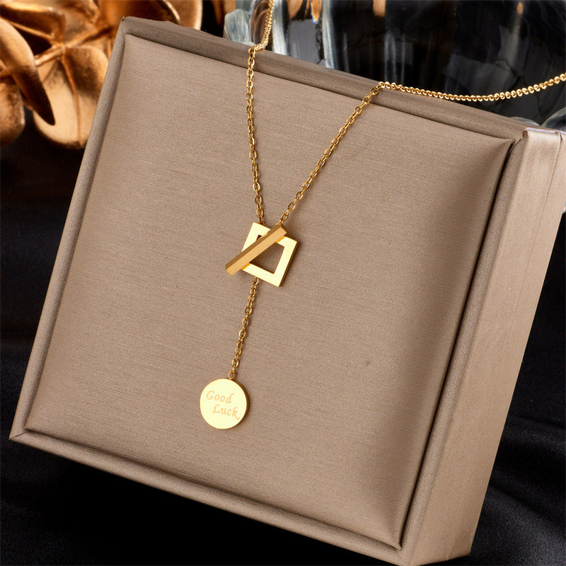 Fashionable Irregular Heart Square Smiley Pendant Necklace in Gold-Plated Titanium Steel for Women