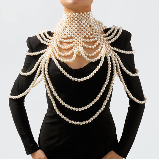 Sweet and Edgy Geometric Pearl Body Chain for Women Handmade Multi-Layer Delicate Pearl Choker with Adjustable Neck Length