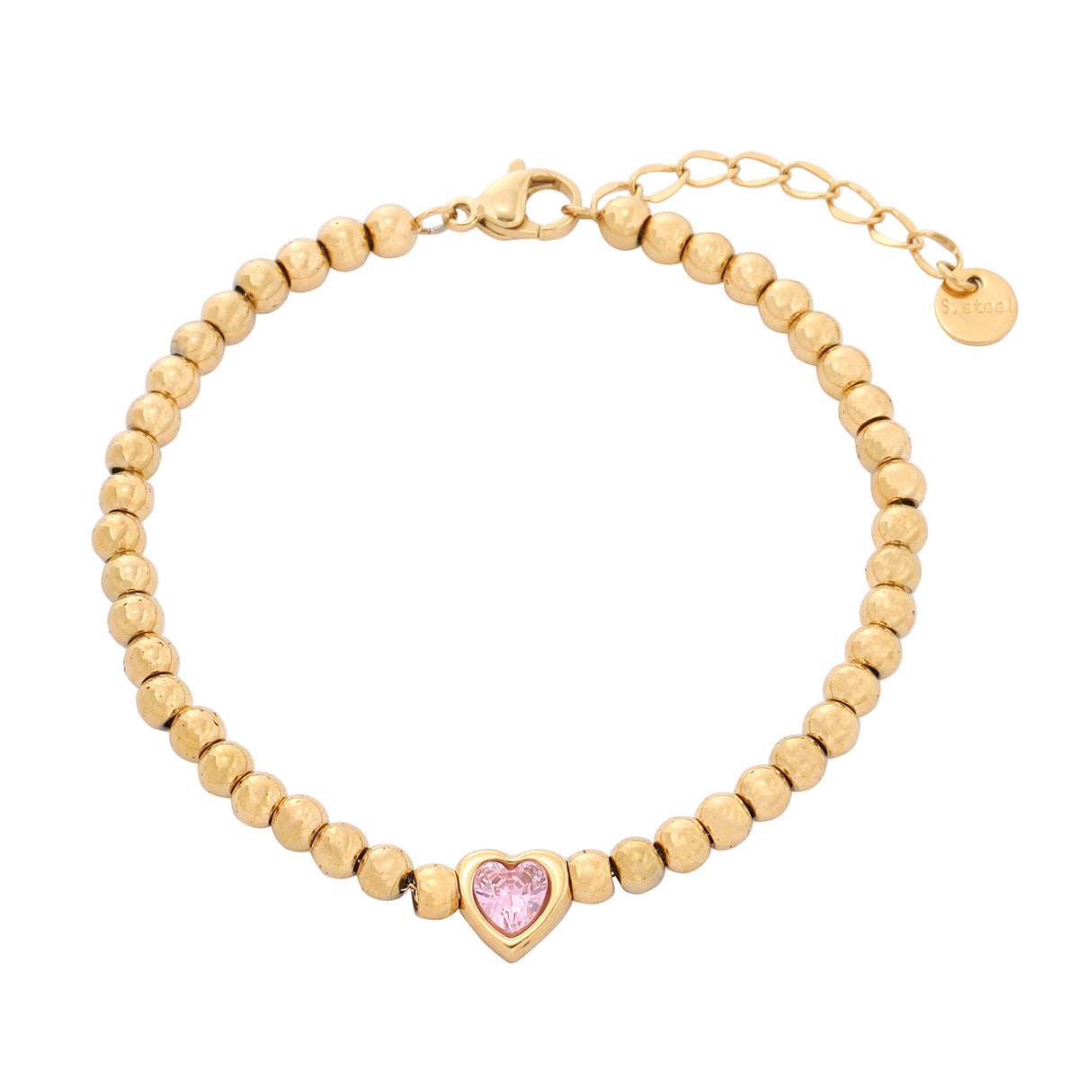 Fashionable Heart-Shaped Rhinestone-Inlaid Titanium Steel Bracelet for Women with 18K Gold-Plated Beads and Vacuum Plating Finish