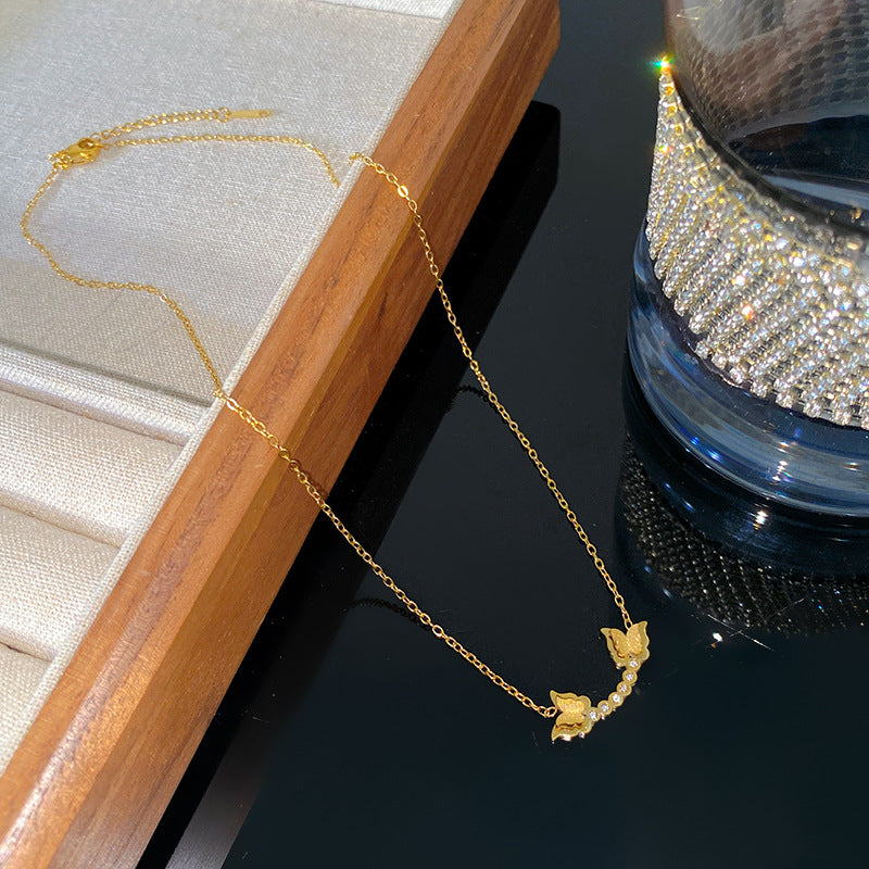 Sweet Streetwear Geometric Double Butterfly Titanium Steel Plated Necklace with Tassel for Unisex