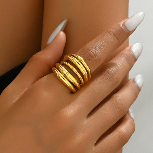 Minimalist Geometric Copper Ring for Women with Plated Finish and Multi-Layer Irregular Band Design