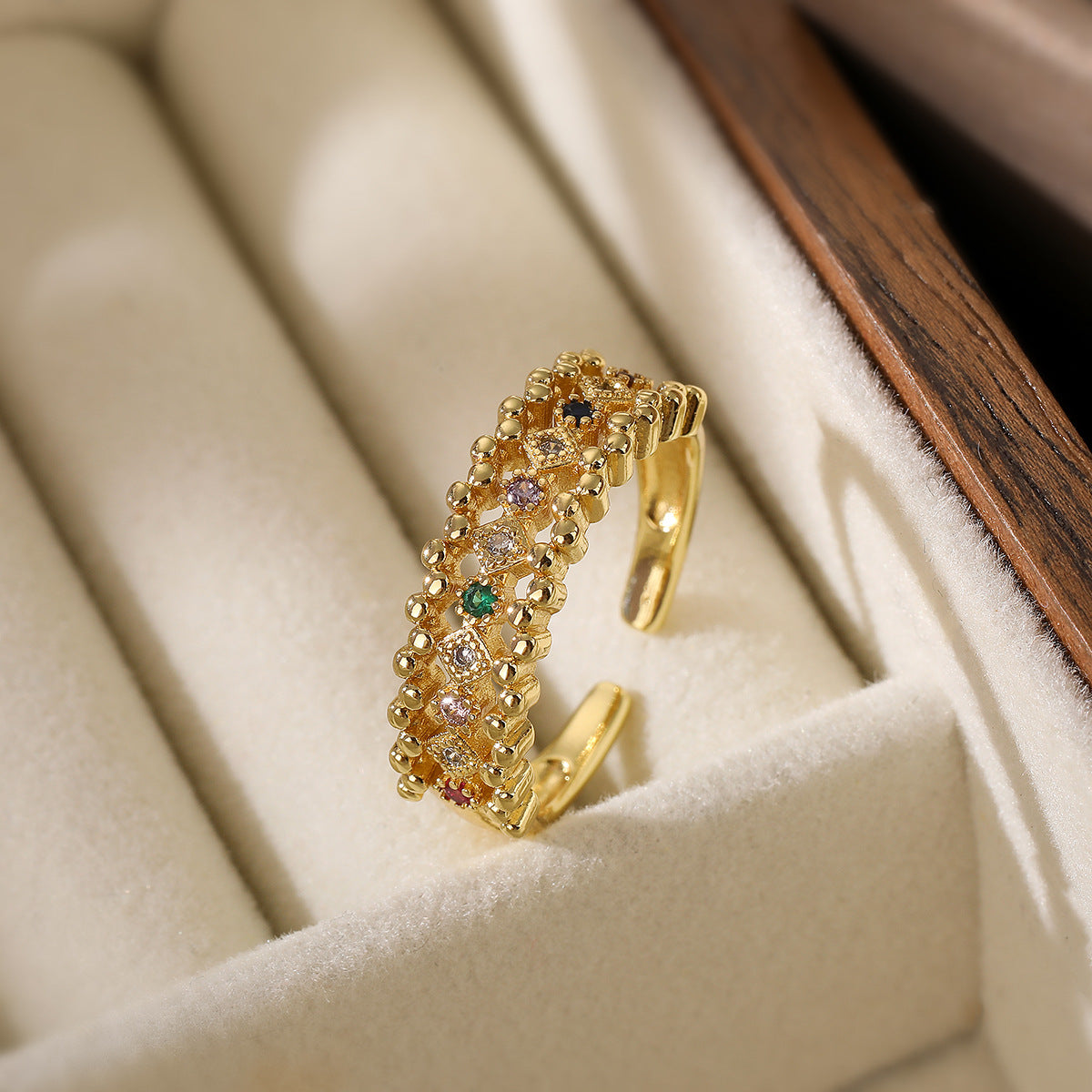Anello Aperto Geometrico Minimalista da Donna in Rame con Zirconi Micro-Pavé