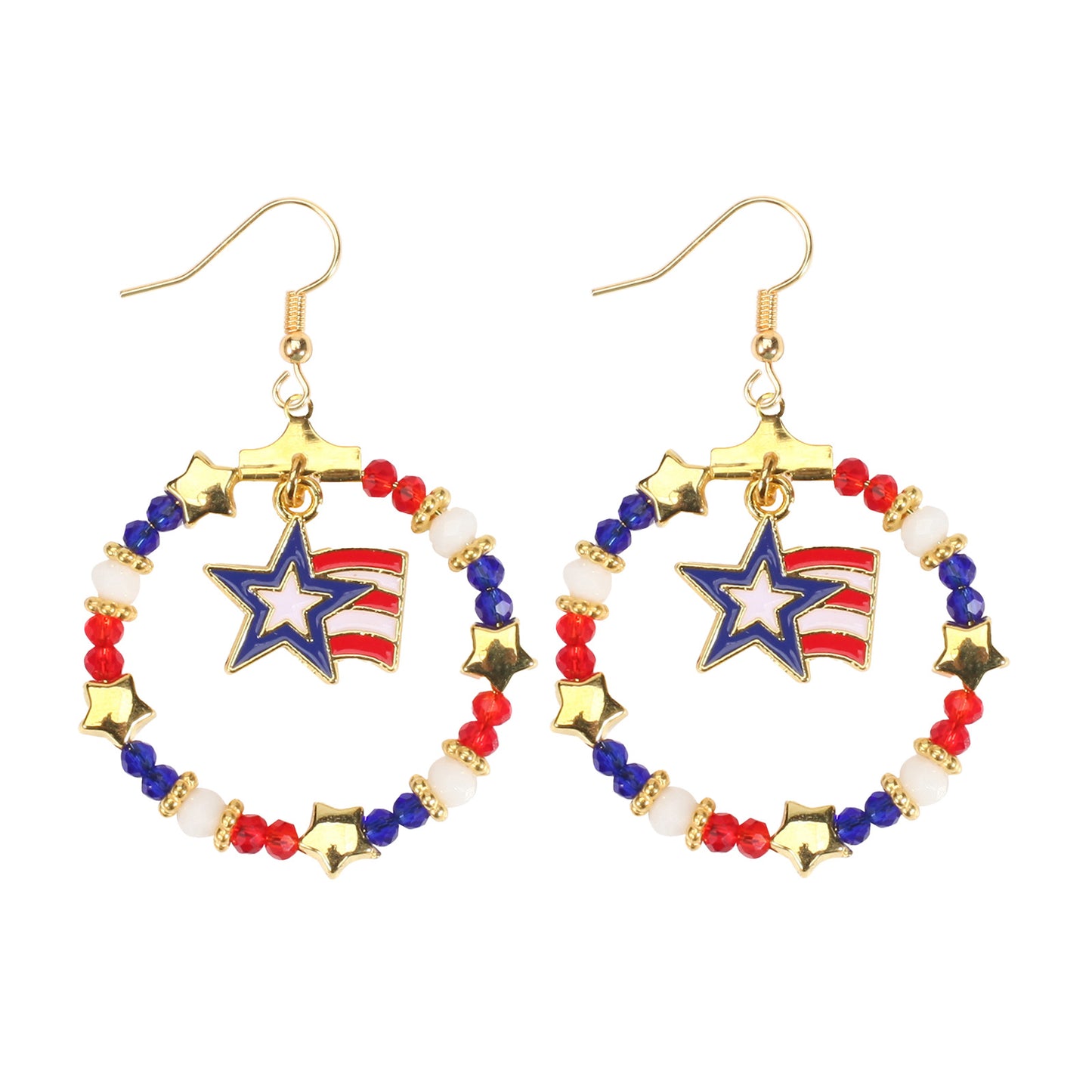 Patriotic Round Star Heart Rhinestone Plated Brass Earrings for Women